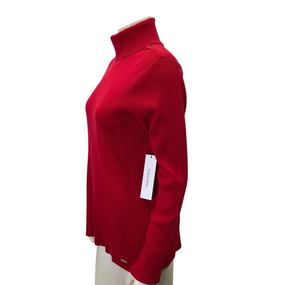 Calvin Klein Womens Red Ribbed Turtleneck  Button Details Md NWT - Picture 5 of 7